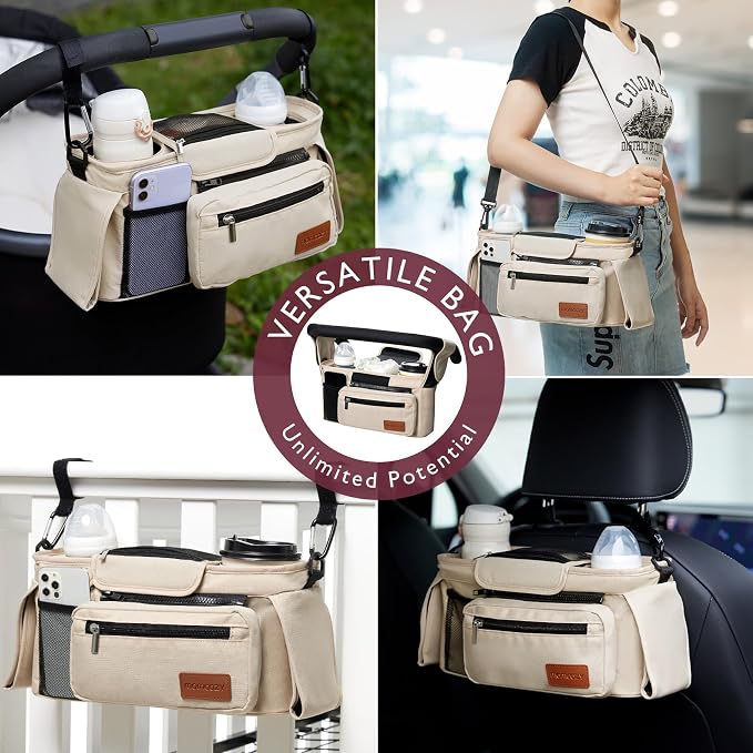 Momcozy Universal Stroller Organizer with Insulated Cup Holder | Detachable Phone Bag and Shoulder Strap, Fits for Uppababy, Baby Jogger, Britax, BOB, Umbrella, and Pet Strollers