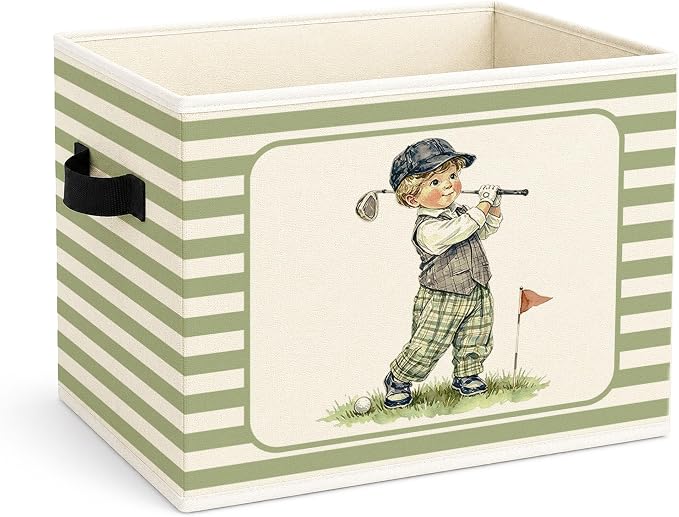 Golf Boy Storage Bin, Foldable Fabric Basket for Bedroom Nursery | Foldable fabric storage bin with little golfer design for toys, books, clothes, nursery, bedroom, and playroom organization.