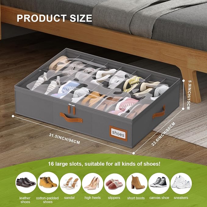 Shoe Organizer Under Bed, Fits 32 Pairs, Under bed Shoe Storage Boxes with Study Handles and Clear Cover, zapateras organizer for shoes, set of 2
