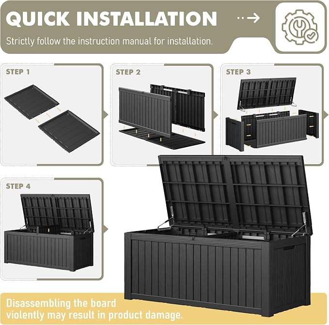 230 Gallon Outdoor Storage Box Waterproof Deck Box for Patio | Black, Resin, Large, Weatherproof, Divider, Lockable, Hydraulic Rod, Easy Assembly, Patio Cushions Storage, Organization