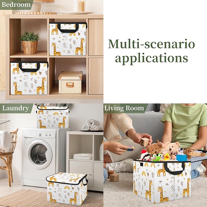 Cute Giraffe Storage Bins with Lids, Wildflower Foldable Storage Boxes with Carrying Handle Organizer Containers Baskets Cube for Home Bedroom Closet
