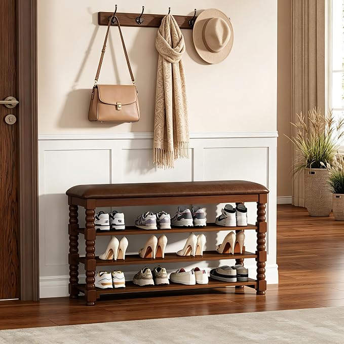 Homleke 39.4" Wide Solid Wood Shoe Rack Bench with Classic Turned Ball Legs | Tall 3-Tier Entryway Bench with Leather Seat, Holds Up to 12 Pairs, for Hallway, Bedroom and Closet, Walnut