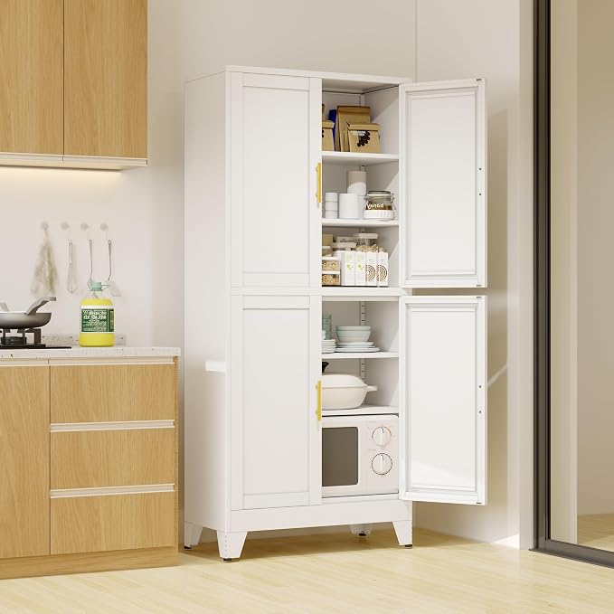75" Tall Kitchen Pantry Cabinet, White Metal Pantry Storage | Storage Cabinet with Doors and 3 Adjustable Shelves, Steel Storage, Bathroom cabinets Organizer, Cupboard for Home, Office