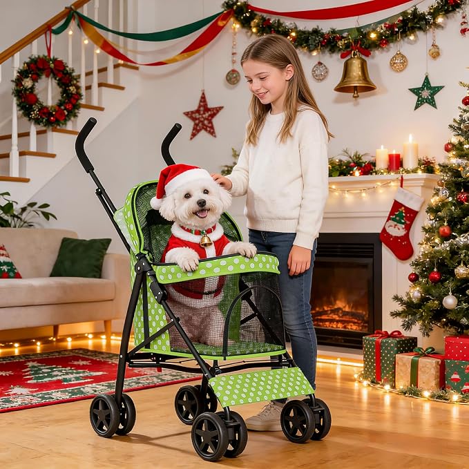 MoNiBloom Pet Stroller for Small/Medium Dogs and Cats, Lawn Green Polka Dots