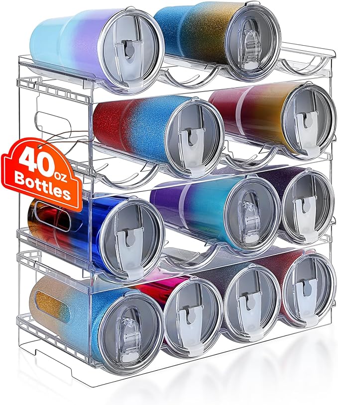 Amaoot Large Compartment Stackable Water Bottle Organizer for Cabinet | 4 Tier Clear Water Bottle Storage Rack,Tumbler Storage Organizer for Kitchen,Fridge,Cabinet Organization and Storage