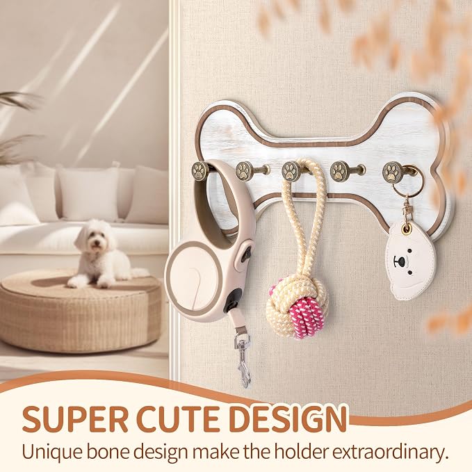 MTERSN Dog Leash Holder Wall Mount with 3D Paws Hooks, Distressed White | Bone-Shaped Dog Leash Holder for Wall, Leash Holder, 5 Dog Leash Hook, Pet Accessories Storage, Gift for Dog Lovers