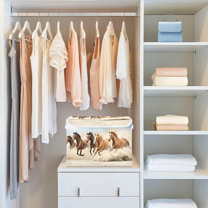 Running Horses Storage Bins with Lids Large Collapsible Storage Basket with Handles Cute Horse Foldable Fabric Storage Box Organizer for Clothes Closet Cabinet Home Office Bedroom