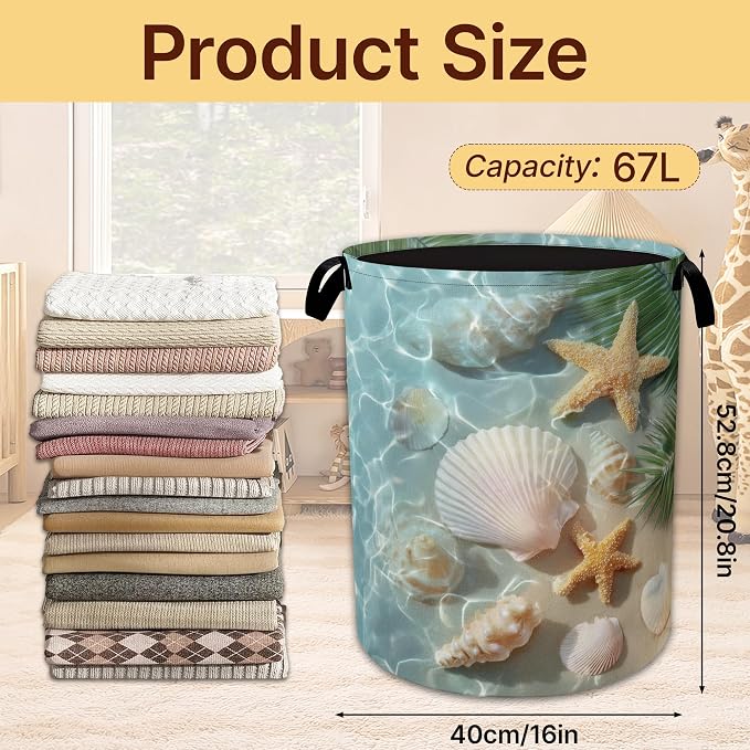 Sea Beach Laundry Basket,Starfish Shells Collapsible Laundry Baskets with Handles,Waterproof Oxford Cloth Hamper,Storage Organizer for Bathroom Bedroom Dorm