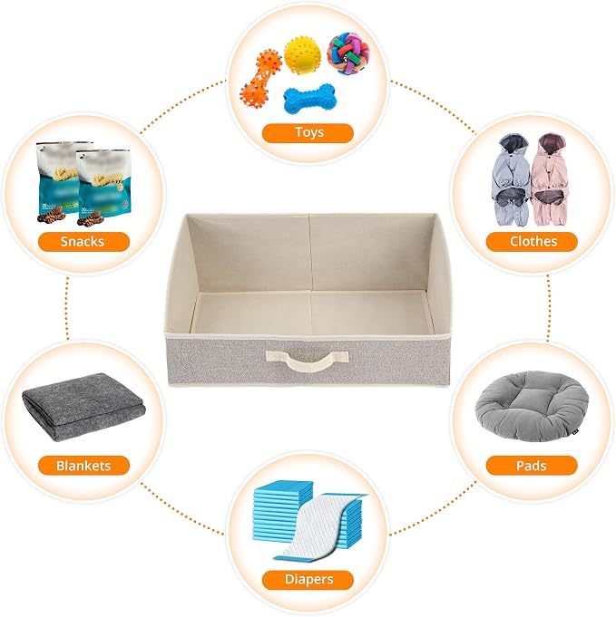 2 Pack Dog Toy Basket, Collapsible Dog Toy Bin with Handles, Beige | Large Capacity Trapezoid Toy Box for Living Room Area, Low Front for Short-Legged Dogs, Organize Pet Supplies & Home Storage