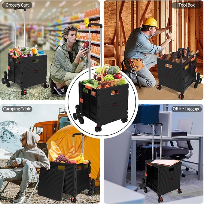 Foldable Utility Cart Collapsible Crate Rolling Carts with Stair Climbing Wheels Rolling Tote Basket Teacher Cart with Lid Wear-Resistant 360°Rotate Wheel Noiseless for Moving Office-Black