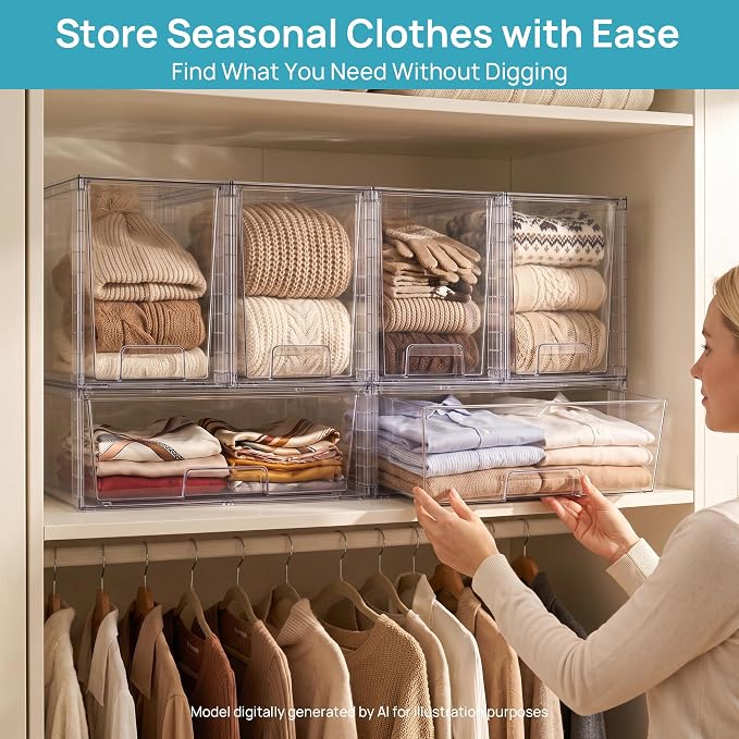 Vtopmart Clear Stackable Storage Drawers, 6 Pack Wide Tall Set | Wide and Tall Pull-Out PET Drawers with Stackable Design for Maximizing Space in Cabinets, Closets, Pantry