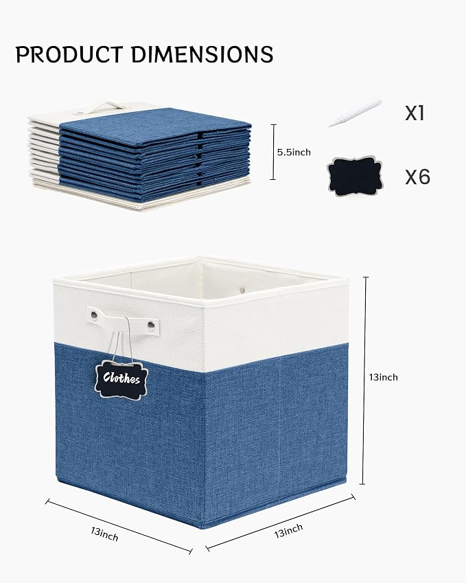FinishingBo 13 inch Cube Storage Bins with Handles 6 Pack | Foldable Linen Storage Baskets, Closet Organizers, Shelf Baskets, White Blue