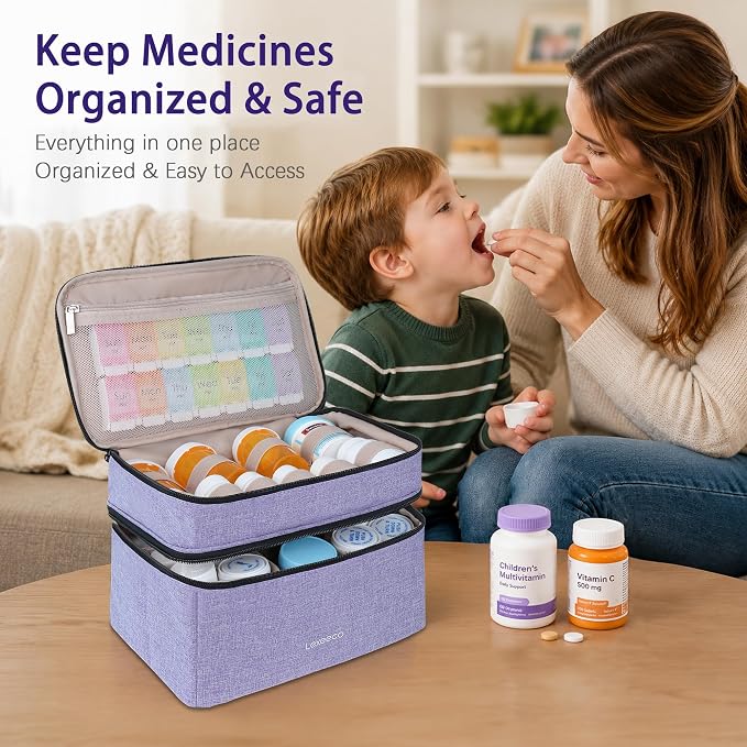 Lexeeco Dual Layers Medicine Pill Bottle Organizer Bag with Lockable Zipper | Portable Medication Bag for Pills,Vitamins,Fish Oil,Medicine Storage Box for College Dorm Student,Home,Large Travel Pill Case