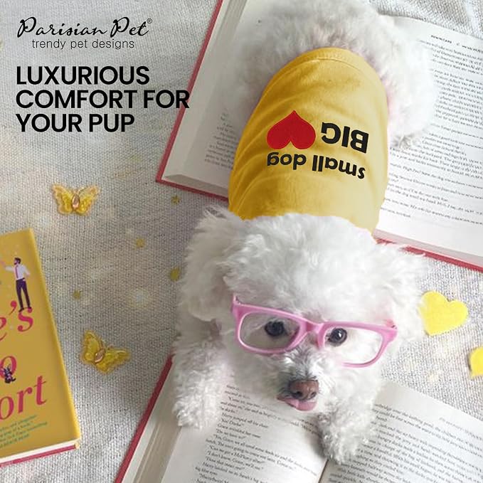 Parisian Pet Dog Shirt – 100% Cotton Small Dog Big Heart Shirts for Medium Dogs – Yellow Sleeveless Puppy Clothes – Breathable Dog Clothes – Summer Pet Apparel - Stretchable Tshirts for Dogs