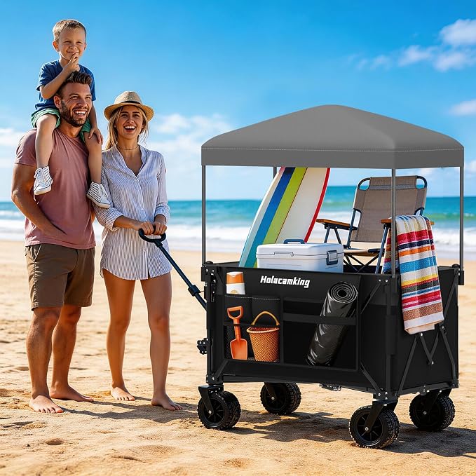 Collapsible Canopy Wagon Cart, Heavy Duty Utility Wagon with Removable Sun Cover, All-Terrain Big Wheels, Dual Brakes, Extra Large Grocery Cart for Beach Camping Sports Tailgates, Black