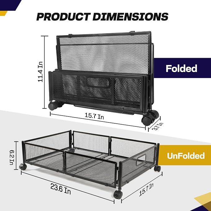 2pcs Large UnderBed Storage with Wheels - Sturdy Black Under Bed Storage with Wheels - Under the Bed Shoe Storage with Wheels of High-grade Steel – Can bare upto 25Kgs