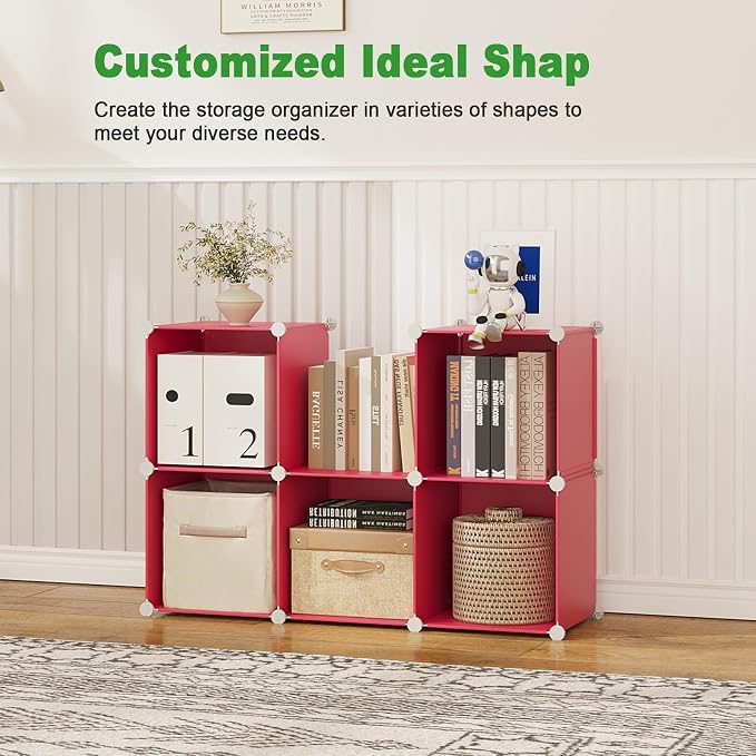 C&AHOME 6-Cube Storage Organizer Cube Shelf Closet Storage Bookcase, Red | Stackable Cubby Storage, Bookshelf, Portable Plastic Storage Closet Organizer, DIY Modular Shelving Units for Home, Wardrobe