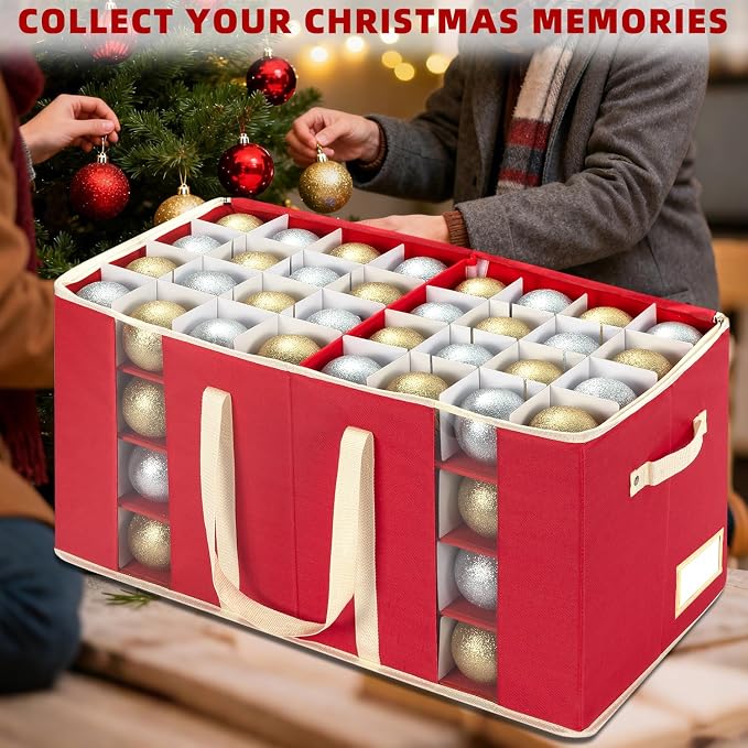 Christmas Ornament Storage Box with Adjustable Dividers, Large Holiday Ornaments Storage Container Bin with Zippered Top for Xmas Decorations (128-3" Balls, Red, Without Tray)