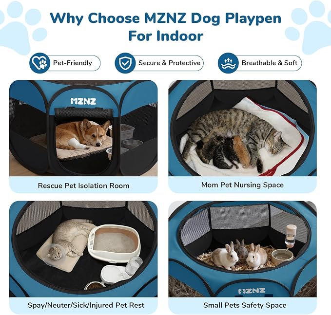 Dog Cat Small Animal Puppy Playpen Crate, Medium, Blue Black | Portable Pop Up Pet Cage Enclosure Tent Kennel Indoor Outdoor with Carrying Case, No Assembly, Camping Use