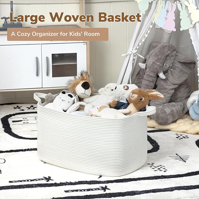 Goodpick Large Woven Rope Blanket Basket, Rectangle, White, 75L | 21.6'' x 14.9'' x 11.8'' Storage Basket for Blankets & Toys, Living Room, Bedroom & Nursery Organization, Reinforced Handles