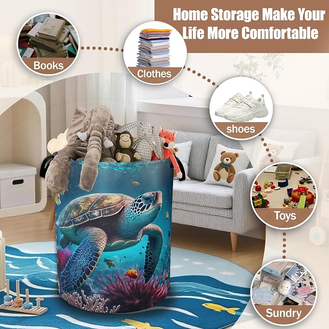 Sea Turtle Ocean Laundry Basket,Laundry Hamper Waterproof Oxford Cloth Tote Bag,Clothes Storage Bucket Decorative Toy Organizer for Bathroom Bedroom 16" x 20.8"