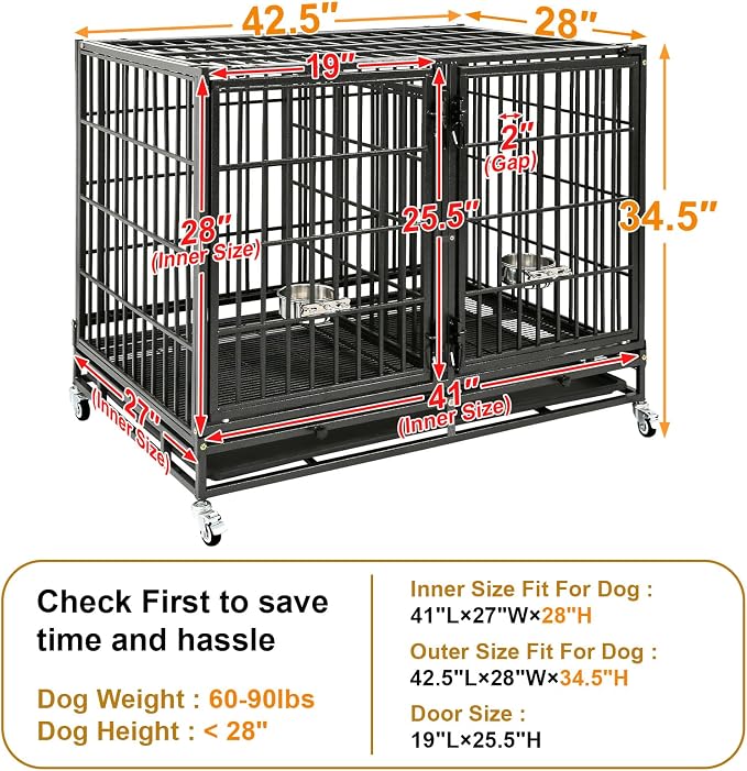 Homey Pet Taller 43" Heavy Duty Double Dog Crates with Divider & Dual Door | Drop Cage for Dogs with Lockable Wheels, Bowls, Removable Tray, Top Access, Ideal for Small to Medium & Large Dogs, Breeders