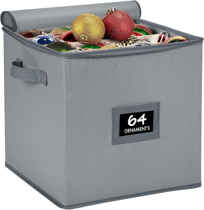 HOLDN’ STORAGE Christmas Ornament Storage Box - Christmas Decor Storage Containers that Store up to 64 – 3” x 3” Holiday Xmas Ornaments – Adjustable Compartment To Fit Many Sizes Ornaments – Grey.