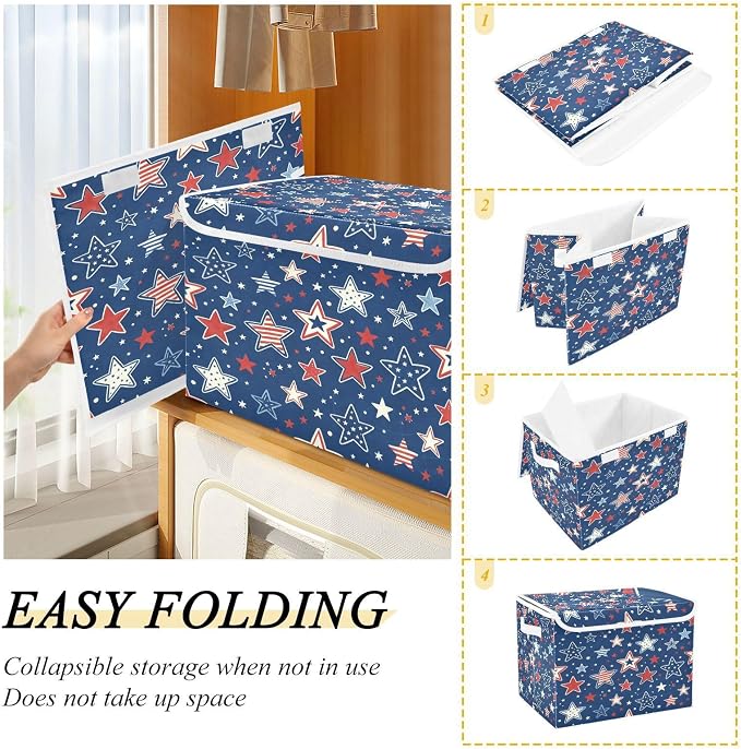 July 4th Patriotic Storage Bins with Lids Large Stars and Stripes Storage Basket with Handles Foldable Fabric Storage Box Organizer for Clothes Closet Cabinet Home Office Bedroom