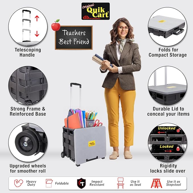 dbest Products Quik Cart Standard Collapsible Rolling Crate - Gray Lid | with Wheels, Roll Up to 80 lbs Capacity, Heavy Duty Plastic Construction, Telescoping Handle, Foldable Utility Cart