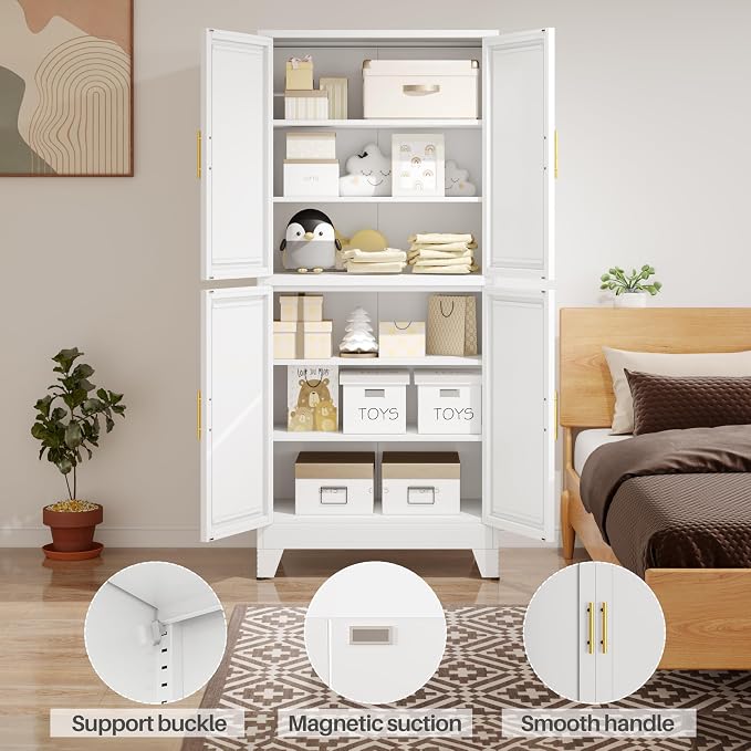 75" Tall Kitchen Pantry Cabinet, White Metal Pantry Storage | Storage Cabinet with Doors and 3 Adjustable Shelves, Steel Storage, Bathroom cabinets Organizer, Cupboard for Home, Office