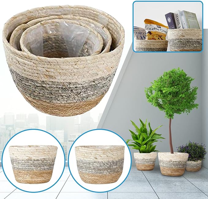 Straw Rope Plant Basket Woven Plant Coiled Basket, Decorative Flower Pot Cover Closet Storage Bin Table Desk Organizer for Home Decor, Plant Pots for Indoor Plants, Plant Containers (L)