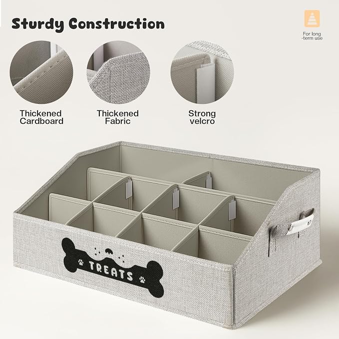 Dog Treat Container, Dogs Storage Organizer with Removable Dividers, Collapsible Dogs Treat Holder for Countertop, Trapezoid Pet Treats Containers, Dog Toy Basket with PU Handles, Large, Gray