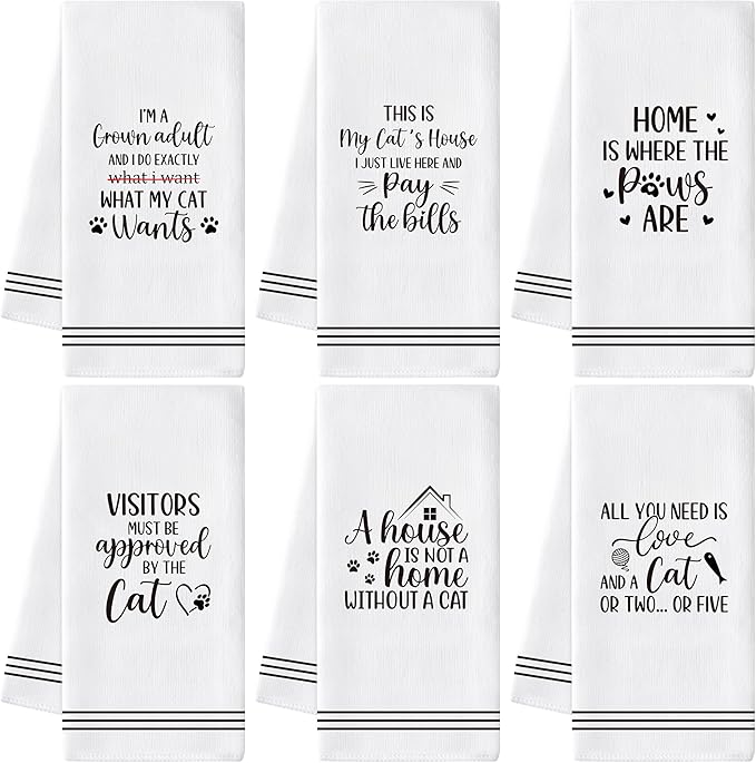 GROBRO7 Cute Cat Hand Towel - 6Pcs Funny Kitten Theme Kitchen Dishcloths Set Polyester Soft Towels for Bathroom Accessories Home Dining Table Decor Housewarming Gifts for Cat Lovers Hostess Men Women