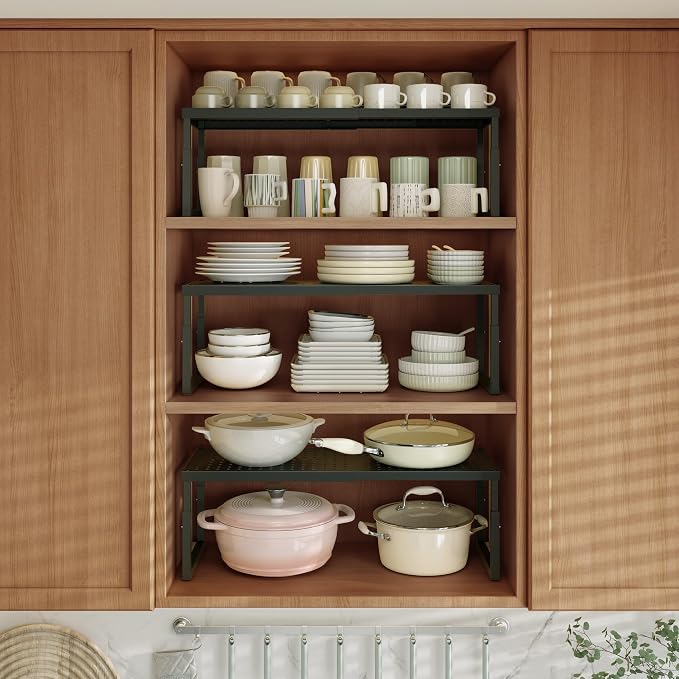 RUILALIFE Expandable-Stackable-Shelf-Organizer-For-Cabinet Pantry Closet,Kitchen Counter Shelf With Adjustable Height, Metal Storage Shelf Riser Spice Rack For Cupboard Countertop