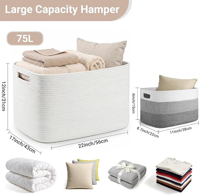 Large Laundry Basket/Hamper, 22"x17"x12", White | Rectangle Woven, Toy Storage, Baby Blanket Basket, With Handle, Shelf Basket