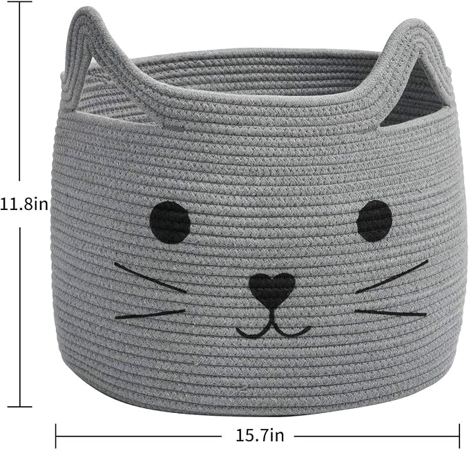 Large Woven Rope Cat Toy Basket with Cat Face Design, Grey | 15.7" x 11.8" Toy Bin & Box for Living Room Nursery, Baby Storage Basket for Towels, Blankets, with Sturdy Handles