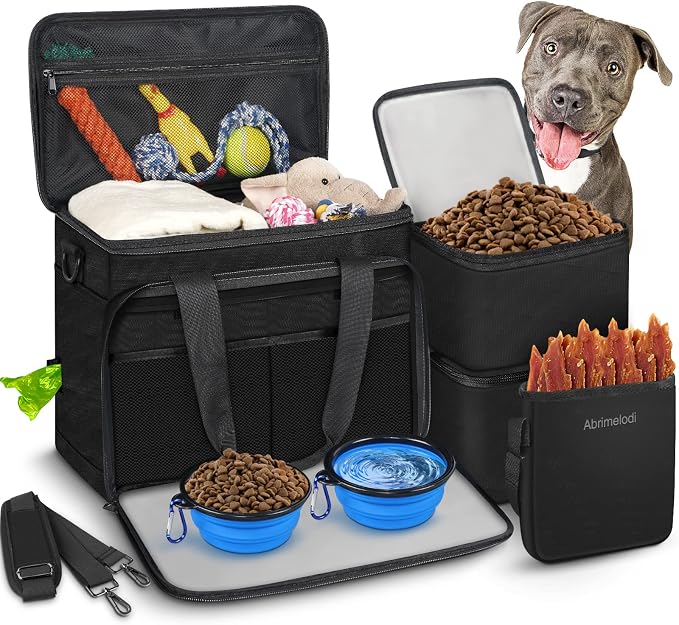 6 Set Dog Travel Bag, Large Pet Travel Kit for Supplies, Black | Includes 2 Food Containers, 1 Pet Organizer for Dogs, 2 Collapsible Bowls, 1 Treat Pouch, Dog Weekend Overnight Bag Luggage