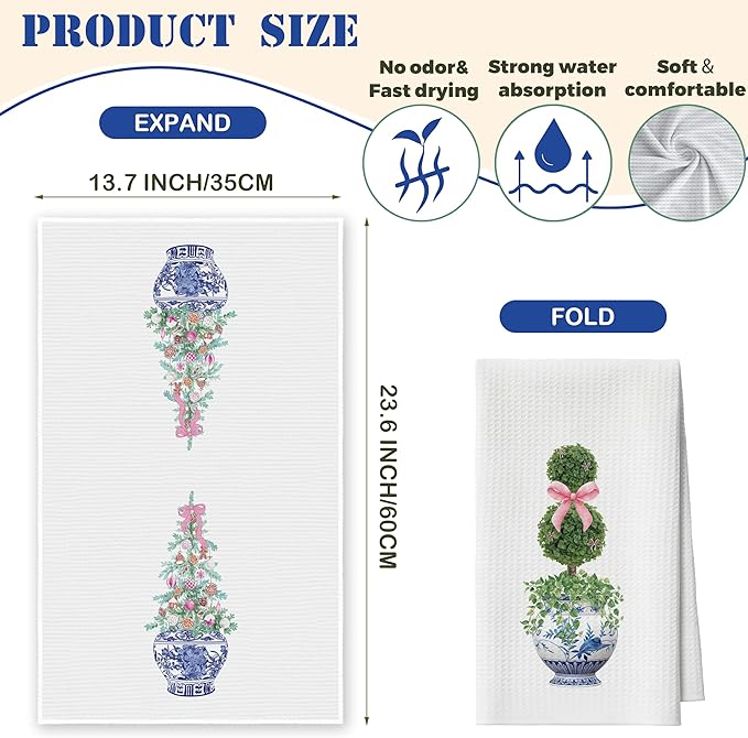 Kitchen Towels Set of 2, Blue and White Porcelain Chinoiserie Dish Towel for Kitchen Bathroom, Pink Bow Decorative Hand Towels, Housewarming for Women Mom Hostess -10