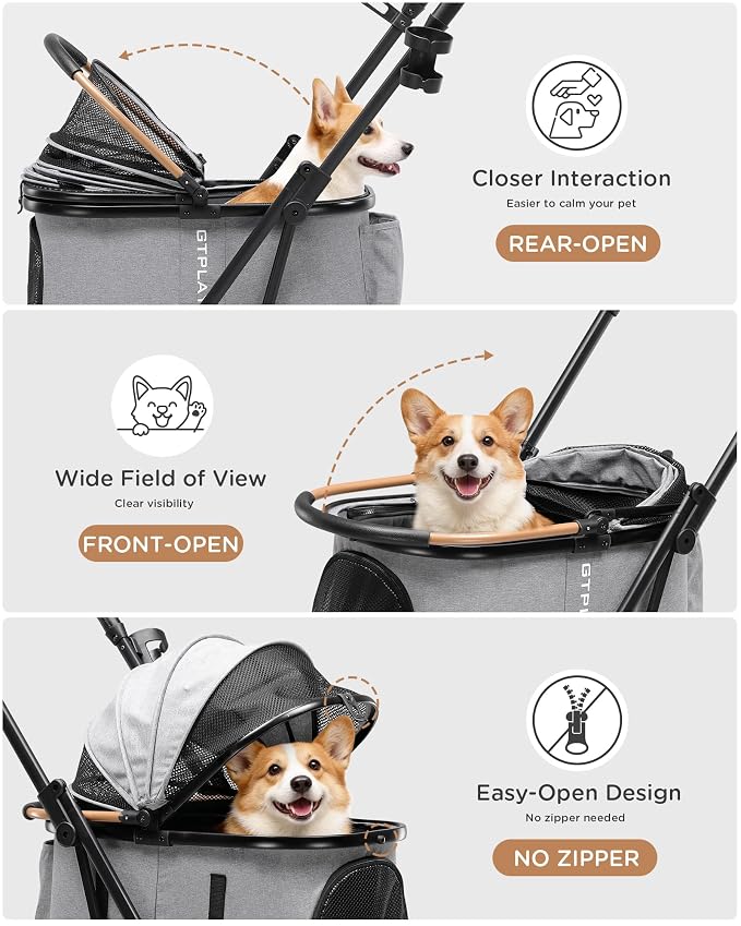 GTPLAYER Pet Stroller for Small Dogs and Cats, One-Click Foldable, Detachable Carrier, Breathable Mesh, 45 lbs Capacity, 2 Safety Leashes, Storage Basket & Cup Holder, Light Gray