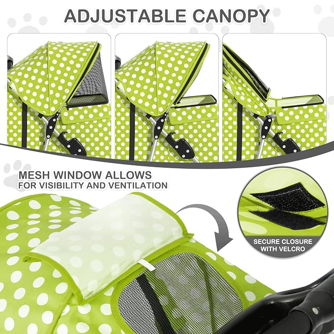 MoNiBloom Pet Stroller for Small/Medium Dogs and Cats, Lawn Green | Foldable Dog Stroller 3 Wheels Pet Strolling Cart w/ Storage Basket Cup Holder, Breathable and Visible Mesh for All-Season