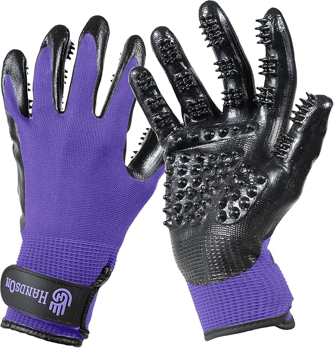 H Handson Pet Grooming Gloves - Cat, Dog, Horse Gentle Hair Remover Brush - Mitt For Long & Short Haired Fur - Shedding, Bathing & Massaging Glove (Purple, Small)