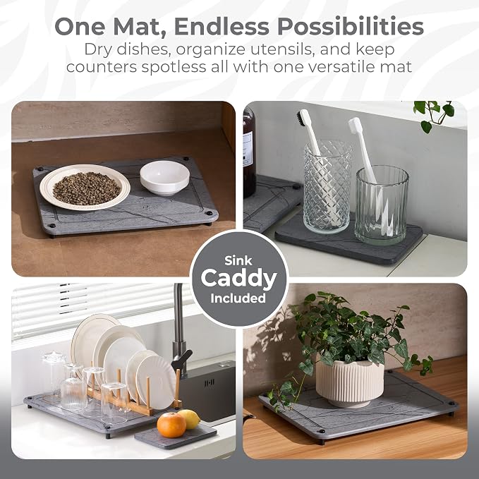 Dish Drying Mat for Kitchen Counter, Drying Matt Kitchen Counter+Sink Caddy | 100% Natural Diatomite Stone, Quick Drying, Non-Toxic, BPA-Free, Eco-Friendly Stone Dish Drying Mat (15.7x11.8" & 8"x4")