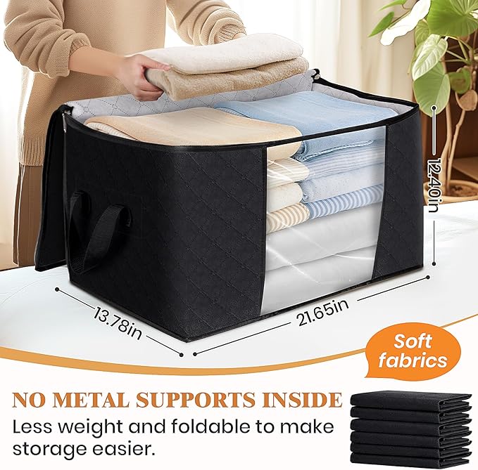 6 Pack Storage Bags for Clothes Blanket Storage Bins with Lids | Foldable Closet Organizers with Zippers,Window and Handles,Fabric Storage Bins for Sweater,Comforter,Bedding,Dorm essentials