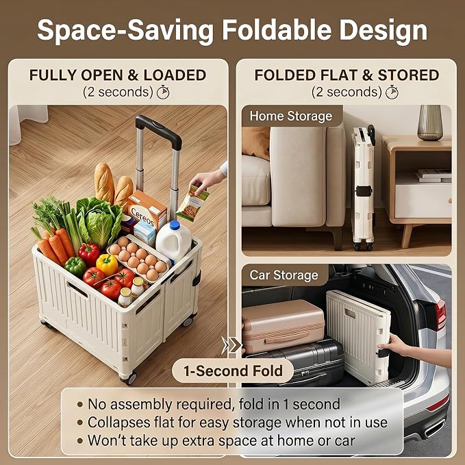 Foldable Rolling Storage Crate with Lid, Telescopic Handle & 4 Wheels, Portable Camping Shopping Box