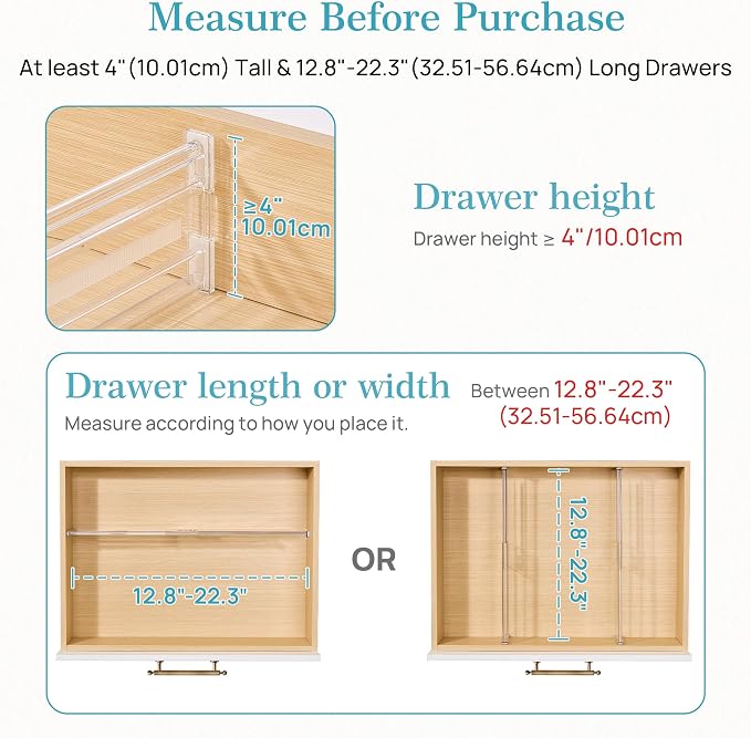 Vtopmart 4" Regular Upgrade Drawer Dividers for Clothes, 12.8"-22.3" 4 Pack | Expandable Dresser Drawer Organizer, Clear Separator, Baby Clothing, Underwear, Cosmetics, Toiletries Storage, Space Saving