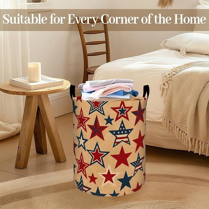 Patriotic Star Laundry Basket, Vintage Stars Foldable Oxford Cloth, Waterproof Dirty Clothes Hamper with Handles, Clothing Storage Bin Toy Organizer for Bedroom Dorm Bathroom, 19.7"x15.7"