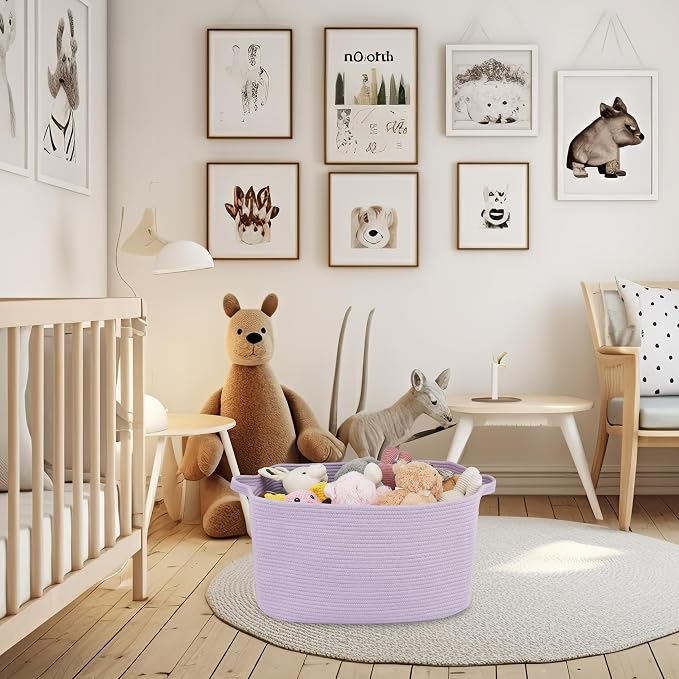 XUANGUO Large Woven Cotton Rope Blanket Basket 22"x17"x12" Lavender Purple | Storage basket for nursery and living room; toy basket for kids, laundry basket for clothes and towels, or gift basket.