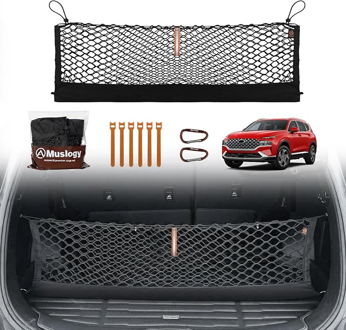 Muslogy Cargo Net for 2019-2023 Hyundai Santa Fe Accessories | Custom Fit, Trunk Storage Organizer Net for SUV Sedan Van Divider, with Heavy Duty Carabiners, Night Visible Grab Handle