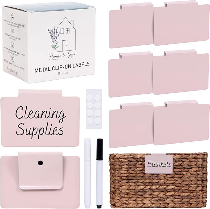 Hygge & Sage: Metal Non-Slip Basket Labels Clip On for Storage Bins, or Wire Racks | Includes 8 Labels, 8 Non-Slip Pads and 2 Free Markers (Pink)
