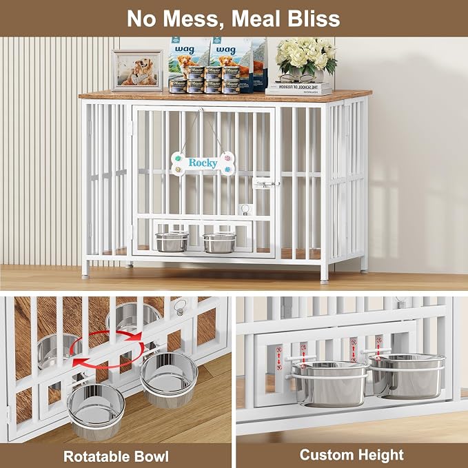 Easycom 41" Dog Crate Furniture Foldable, No Assembly Decorative Dog Kennel Indoor, Dog Crates for Large Dogs(35-60 lb), Wooden Dog Crate with Adjustable Bowls and Name Tag, End Table, White & Beech